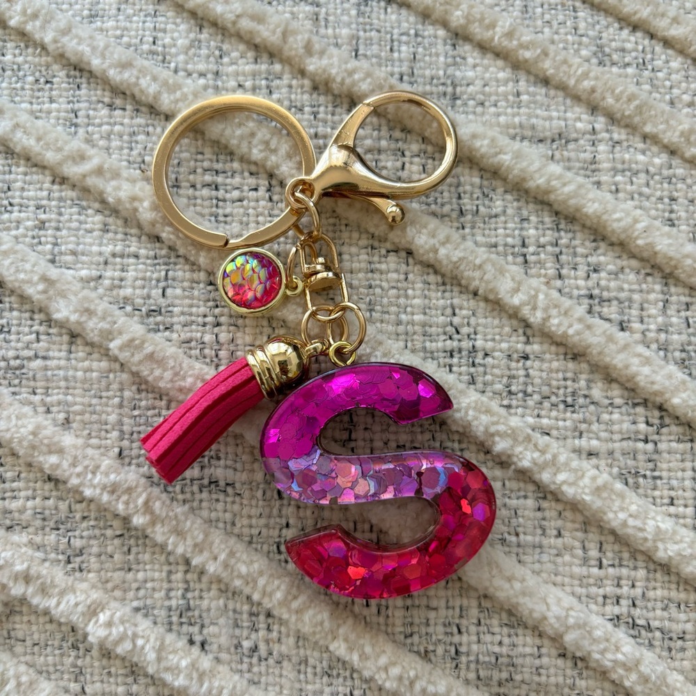 Pink Monogram Letter S Sequin Keychain w/ Tassle NWOT Charm